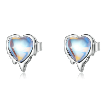 Heart-shaped moonstone stud earrings in oxidized sterling silver