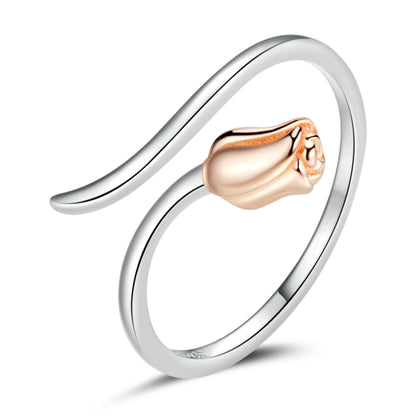 S925 sterling silver open ring with rose-gold rose centerpiece