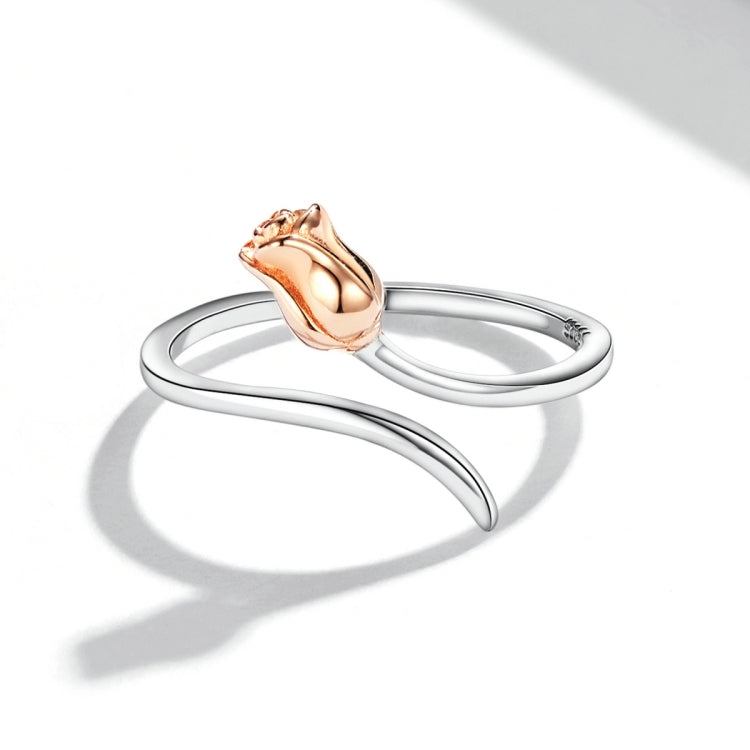 Sterling silver open ring with rose-gold rose detail on top