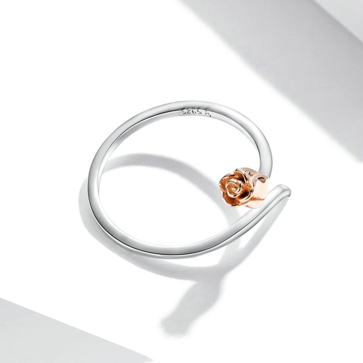 Open S925 sterling silver ring with small rose-gold rose centerpiece