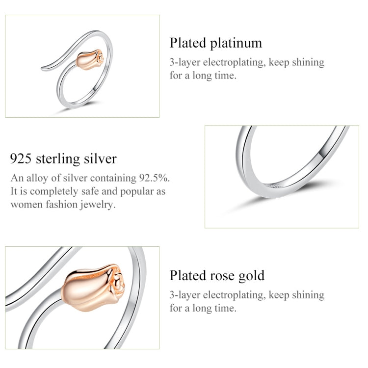 Sterling silver rose open ring with rose-gold plated rose centerpiece