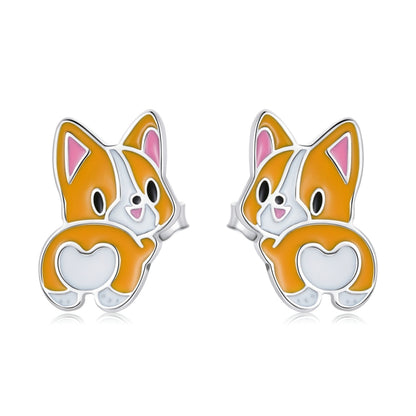Sterling silver corgi ear stud earrings with orange, white and purple enamel