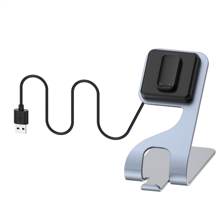 Grey magnetic metal charger holder with USB cable and charging dock, curved stand