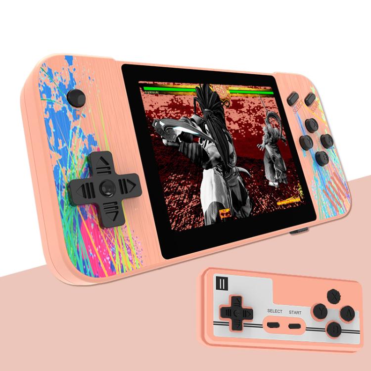 Pink handheld dual-player game console with 3.5-inch screen and dual controller buttons