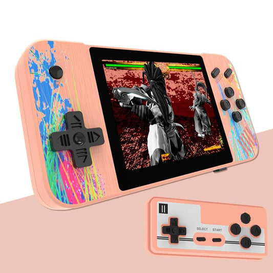 Pink handheld dual-player game console with 3.5-inch screen and dual controller buttons
