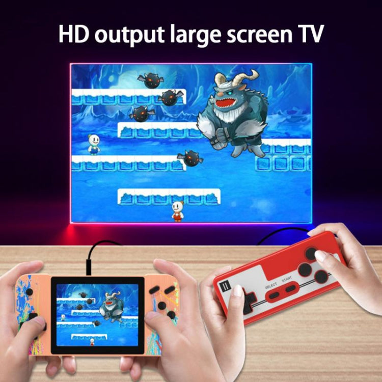 Orange handheld dual-player game console connected to TV for gameplay output