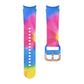 Tie-dye silicone watch strap in blue, pink, and yellow with metal buckle and pin holes