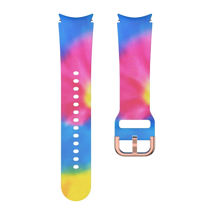 Tie-dye silicone watch strap in blue, pink, and yellow with metal buckle and pin holes