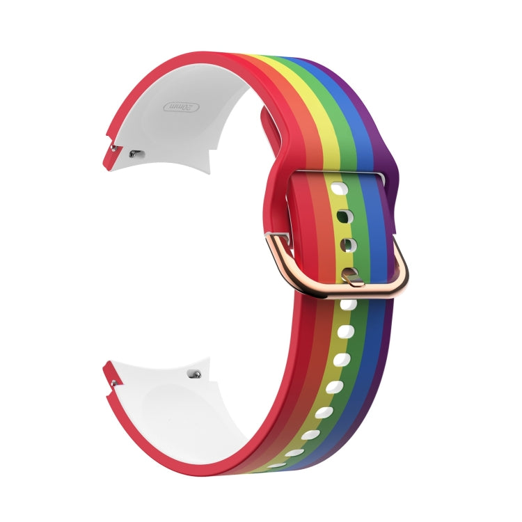 Multicolor rainbow silicone smartwatch strap with rose-gold buckle and white pin holes
