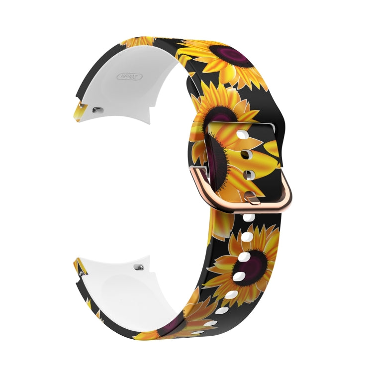 Black silicone smartwatch strap with sunflower and character print, rose-gold buckle