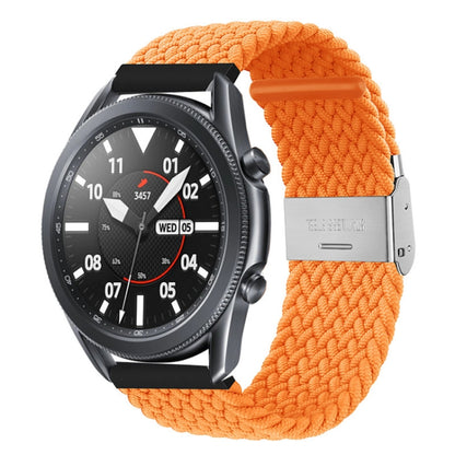 Orange nylon braided watch strap with metal buckle and clasp, shown with black watch face.