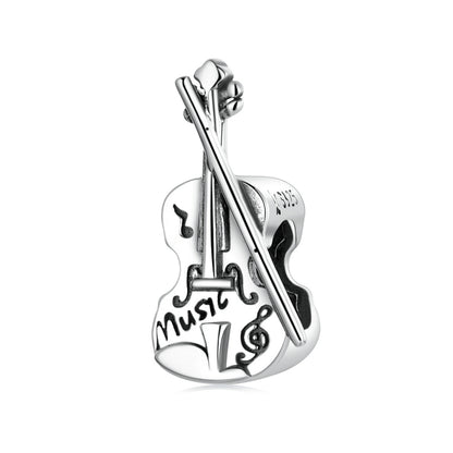 Sterling silver violin charm bead with engraved music notes and bow detail