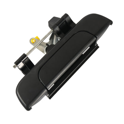 Black car tailgate exterior handle with mounting bracket and metal rod.