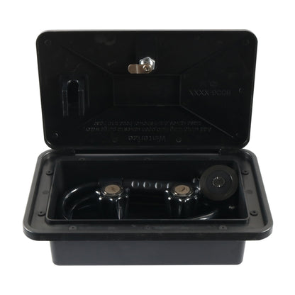 Black RV external shower box head with open cover and internal hose connection fittings