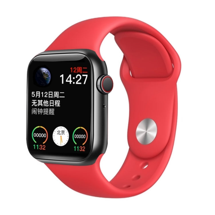 Red smartwatch with 1.44in touch screen showing time and app icons