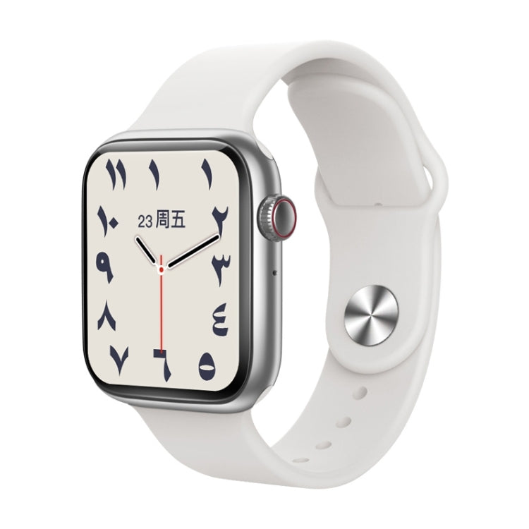 White smartwatch with 1.44in touch screen showing multi-icon clock face