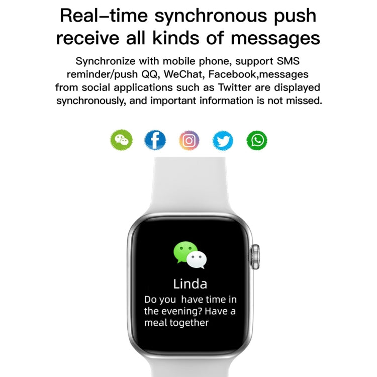White smartwatch with message icon and time displayed on touch screen