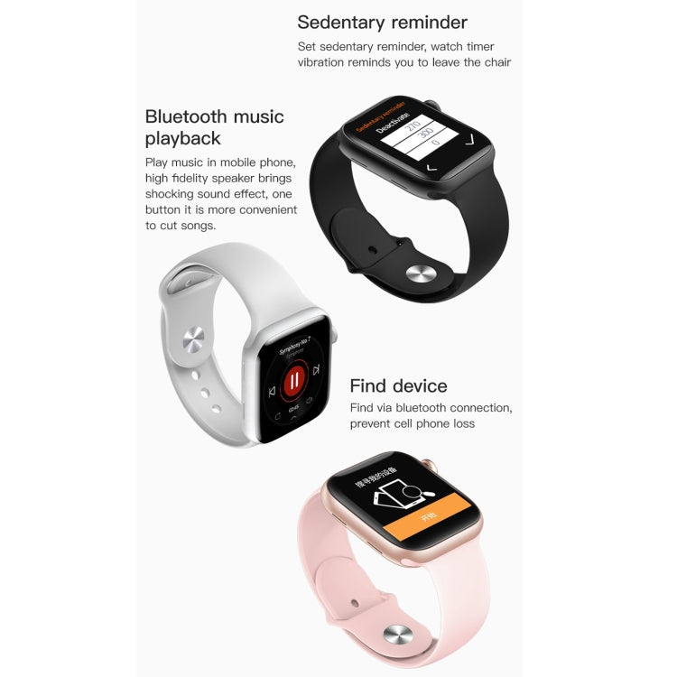 Three smartwatches with square touchscreen faces and silicone straps in black, white, and pink.
