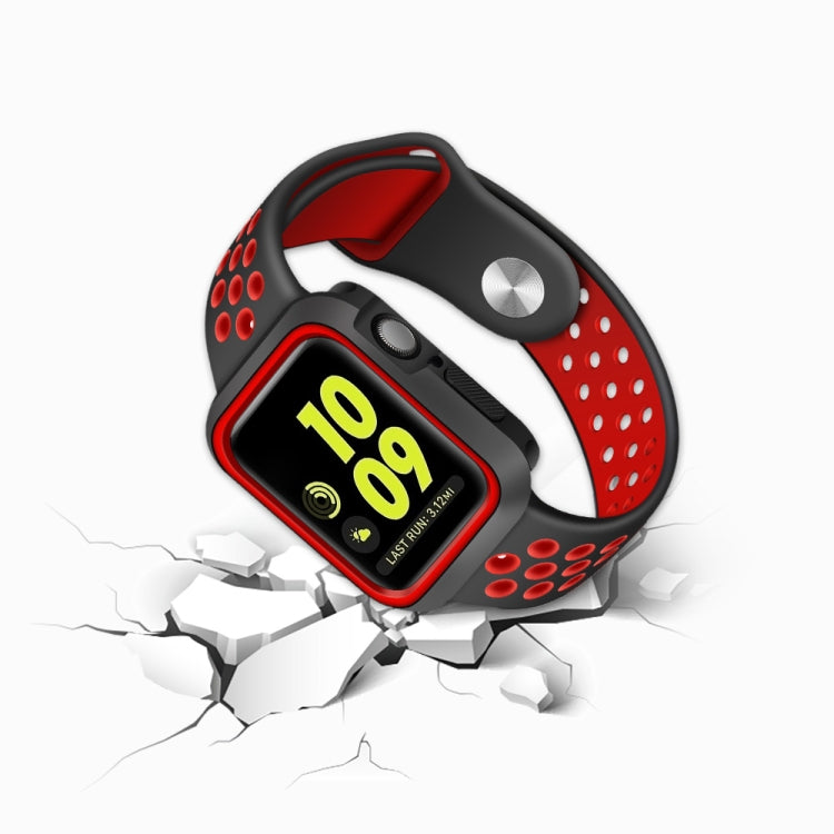 Shockproof Apple Watch case with red perforated silicone strap and black shell