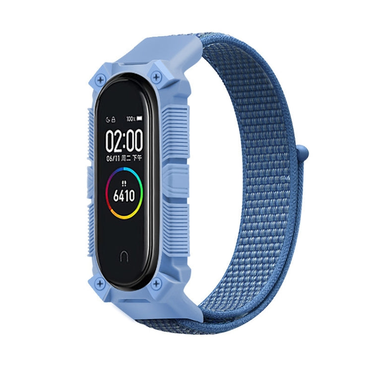 Blue nylon watchband with rugged protective frame for fitness tracker