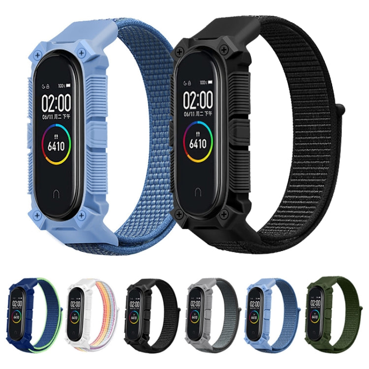 Rugged nylon watchbands in blue and black with protective frames shown