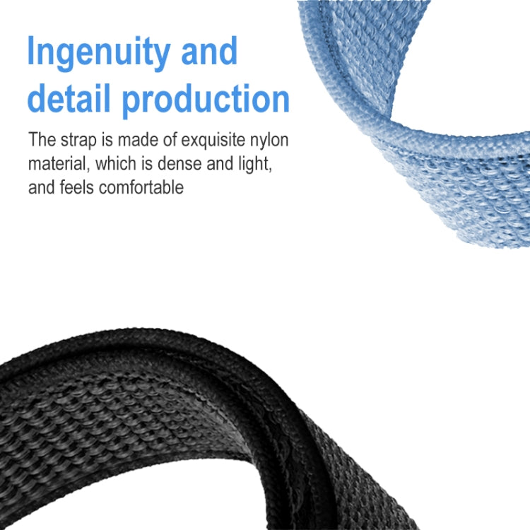 Blue nylon watchband close-up showing woven strap texture