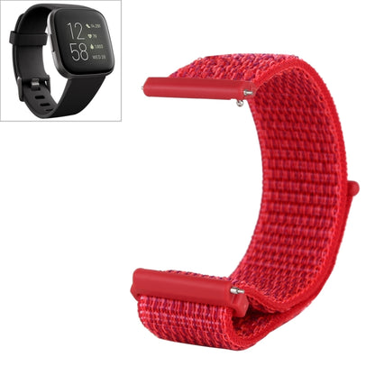 Red nylon watch band with hook-and-loop closure and snap connectors for Fitbit Versa