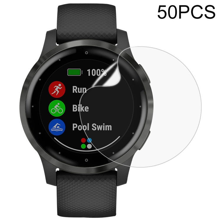 Set of 50 clear hydrogel smartwatch screen protector films on watch display