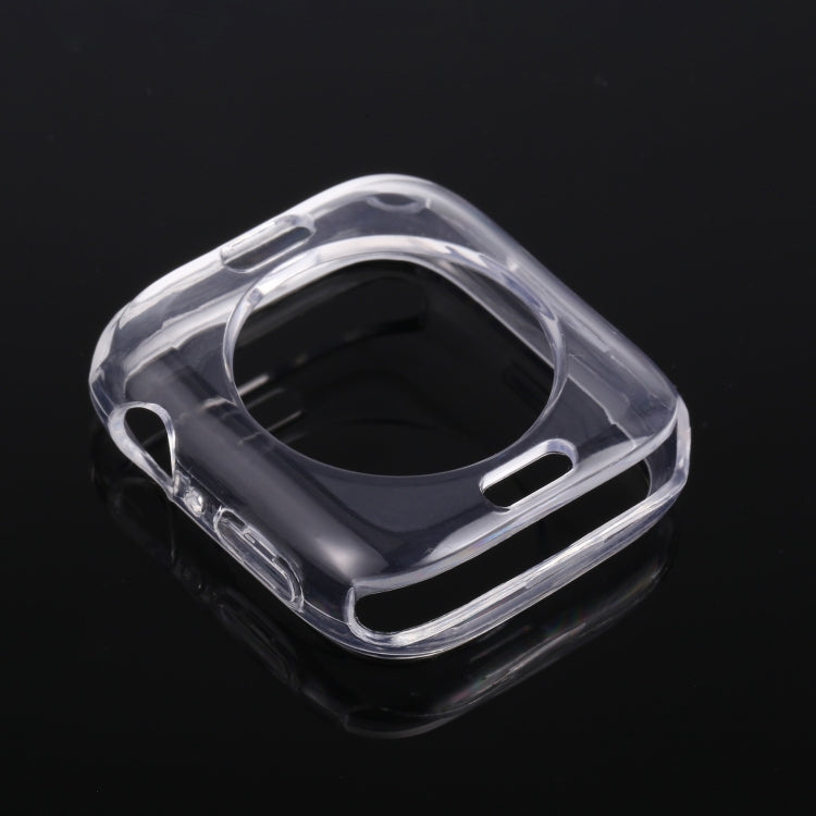 Clear TPU Apple Watch protective case, angled view showing side openings