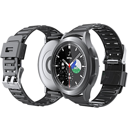 Round watch with black silicone strap and dark dial, shown from the side.
