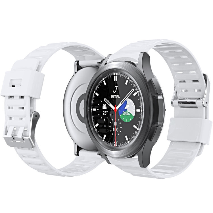 Two views of a watch with a white silicone strap and dark dial.