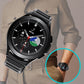 Black silicone watchband on wrist, paired with a round dark watch face.
