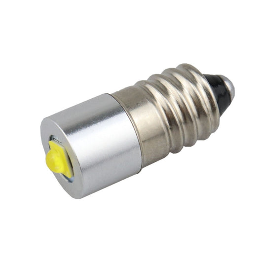 E10 LED bulb with silver metal shell and yellow LED lens, front face view