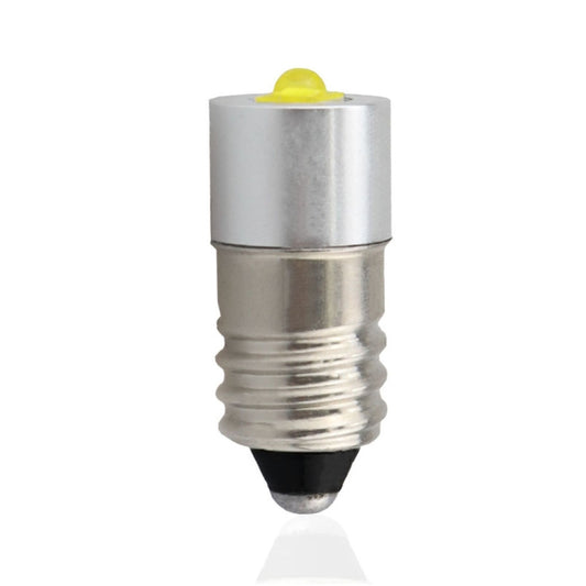 E10 LED bulb with silver metal body and yellow LED lens, compact screw base