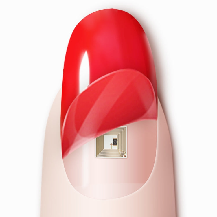 Red smart nail chip with glossy finish, oval shape for press-on application