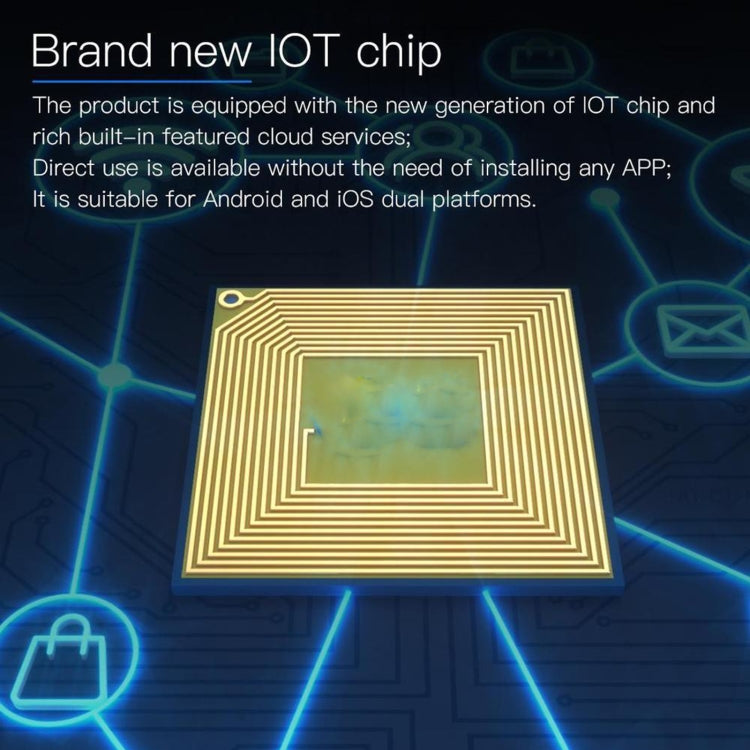 Wireless IOT smart nail chip with gold circuit design on a blue electronic pattern