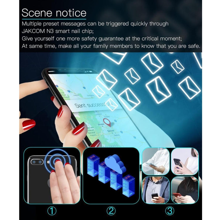 Smart nail chip with connected phone icons and a hand wearing red nails