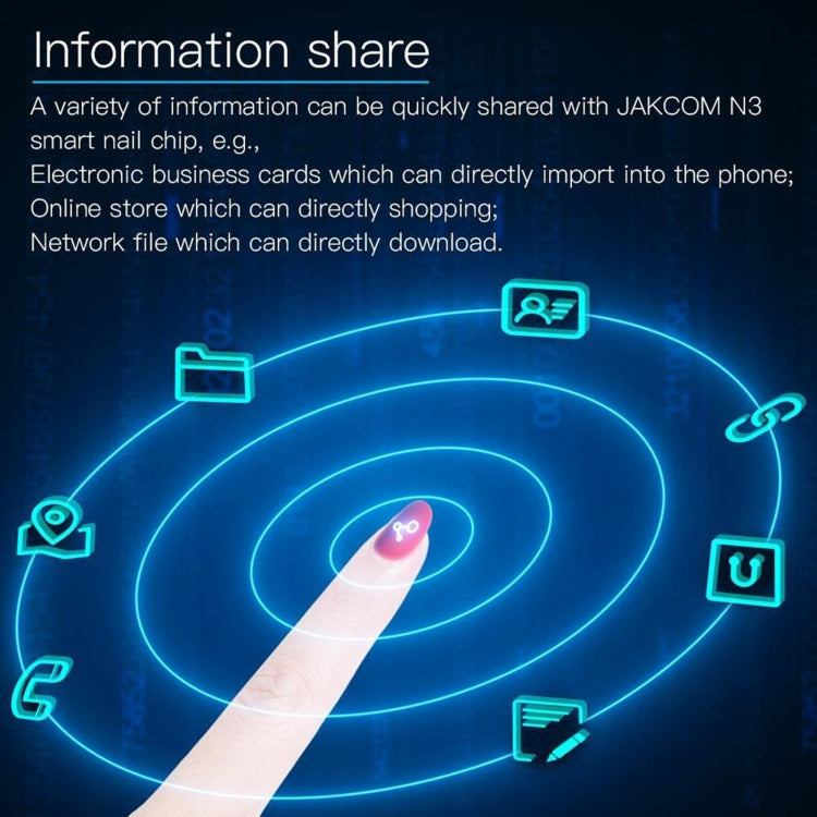 Smart nail chip concept with fingertip wearing a clear dome and glowing link icons
