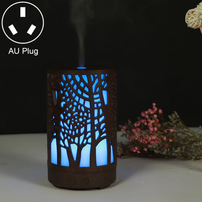 Wooden essential oil humidifier with tree cutout, blue LED glow, AU plug