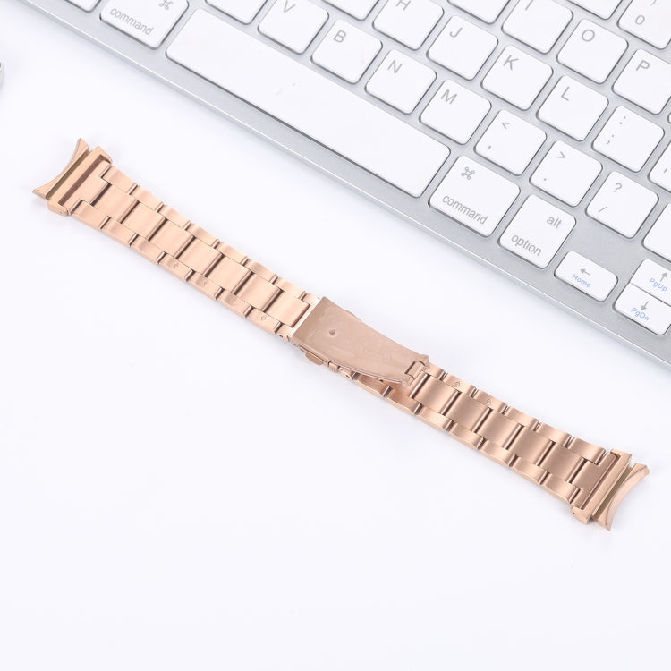 Rose gold three-bead steel watchband, full-length curved links with clasp ends