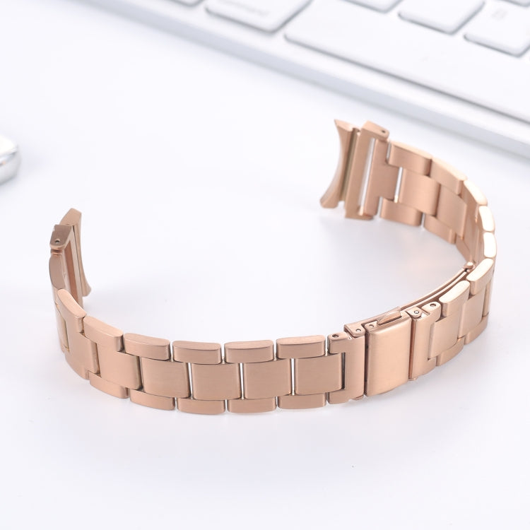 Rose gold three-bead steel watchband bracelet, curved with clasp and rectangular links