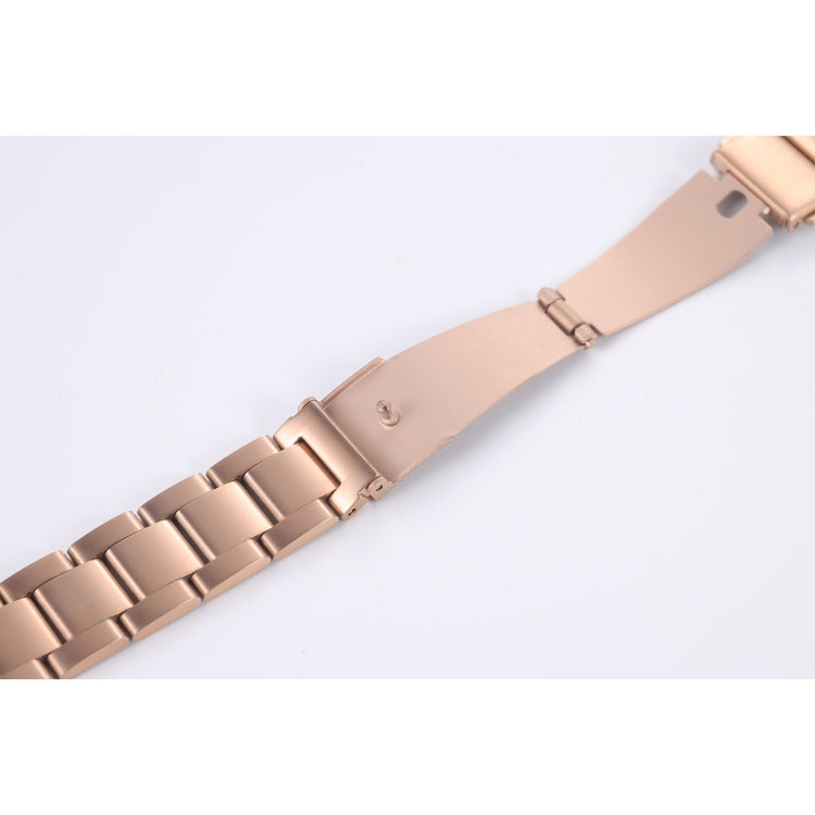 Rose gold three-bead steel watchband with metal clasp and square link bracelet