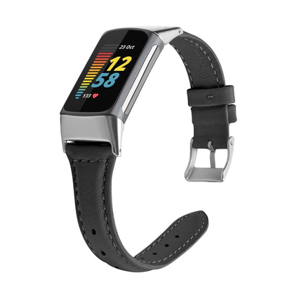 Black leather watchband with silver-tone buckle for Fitbit Charge 5