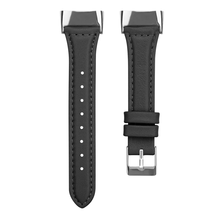 Black leather watchband for Fitbit Charge 5 with metal buckle and stitched holes