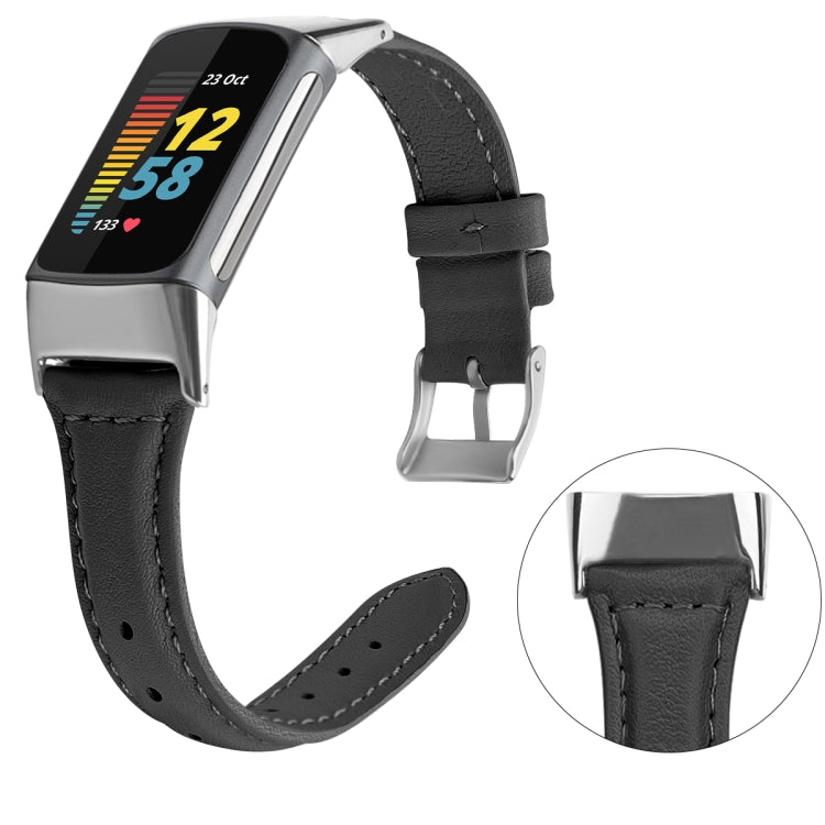 Black leather watchband for Fitbit Charge 5 with metal buckle and stitched holes