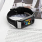 Black leather watchband with silver-tone buckle on a smartwatch