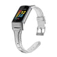Silver leather watchband with metal buckle and stitched strap holes