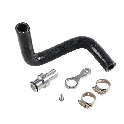 Coolant bypass hose kit with metal barbed adapter, hose, and stainless clamps