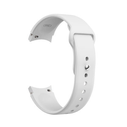 White silicone watch band with reverse buckle, metal pin, and adjustment holes.