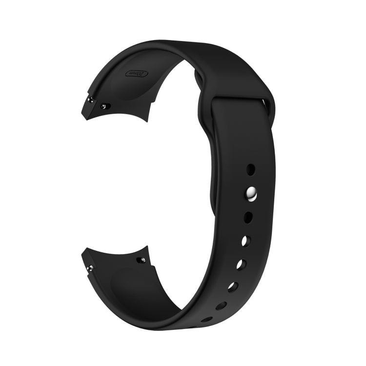Black silicone watch band with reverse buckle, metal pin, and adjustment holes.